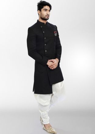 Black Readymade Asymmetric Indo Western Sherwani Set