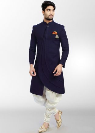Blue Readymade Asymmetric Indo Western Sherwani Set