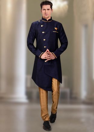 Navy Blue Asymmetrical Sherwani With Churidar