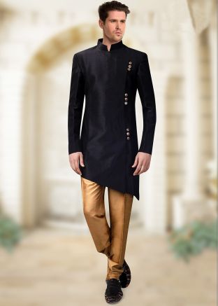 Readymade Black Asymmetric Sherwani Churidar Set