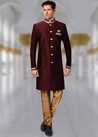 Readymade Maroon Art Silk Sherwani Churidar Set