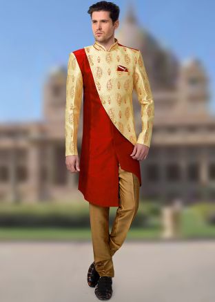 Red and Cream Woven Groom Sherwani Churidar Set