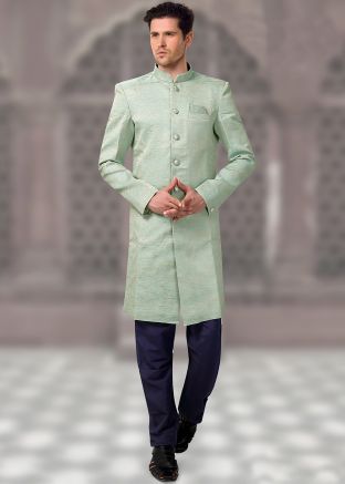 Green Readymade Woven Sherwani With Churidar