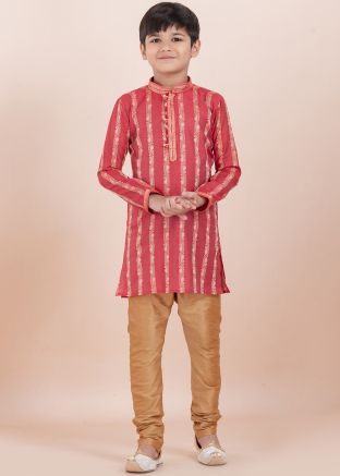 Coral Red Woven Kids Readymade Kurta Pajama
