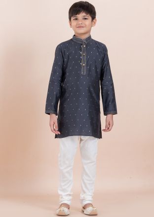 Black Woven Kids Readymade Kurta Pajama Set