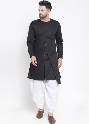 Black Asymmetric Cotton Kurta Dhoti Set