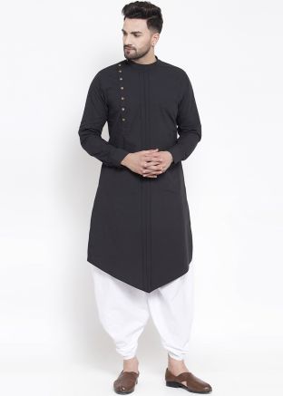 Black Cotton Asymmetric Kurta Dhoti Set