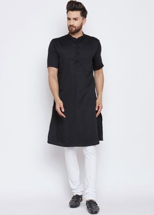 Black Cotton Readymade Kurta Pajama Set