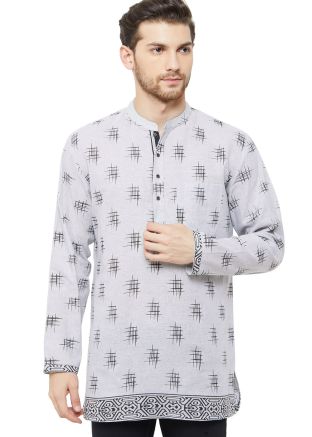 White Printed Cotton Readymade Short Kurta