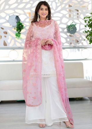 White Readymade Palazzo Suit With Embroidered Dupatta