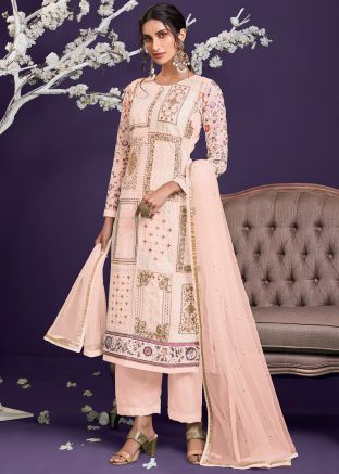 Peach Embroidered Georgette Suit With Dupatta