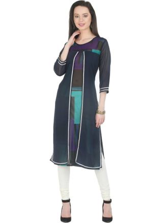 Navy Blue Printed Georgette Long Kurta