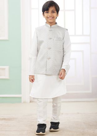 Readymade Off White Kurta Pajama With Nehru Jacket