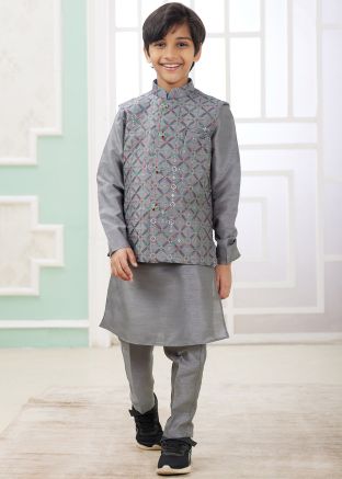 Readymade Dark Grey Kurta Pajama With Nehru Jacket