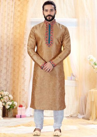 Readymade Embroidered Brown Kurta With Churidar