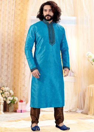 Blue Embroidered Readymade Kurta With Churidar