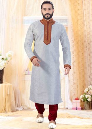 Readymade Off White Embroidered Kurta Churidar Set