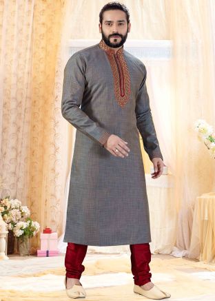 Grey Embroidered Straight Cut Kurta With Churidar