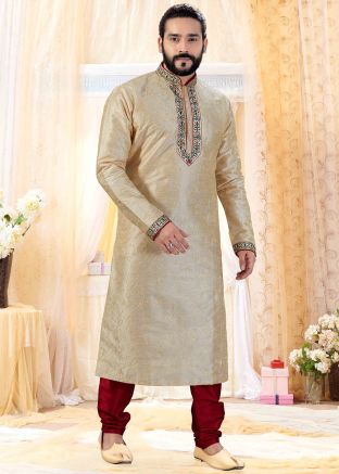 Beige Readymade Embroidered Kurta Churidar Set