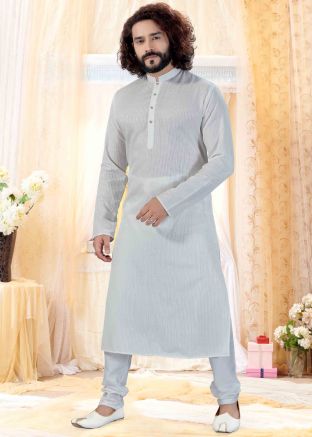 Off White Straight Cut Readymade Kurta Churidar Set