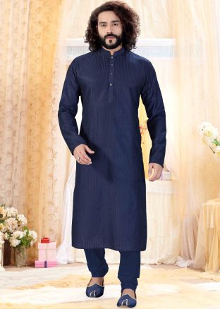 Navy Blue Readymade Cotton Silk Kurta Churidar Set
