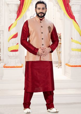 Readymade Maroon Kurta Trouser With Woven Jacket