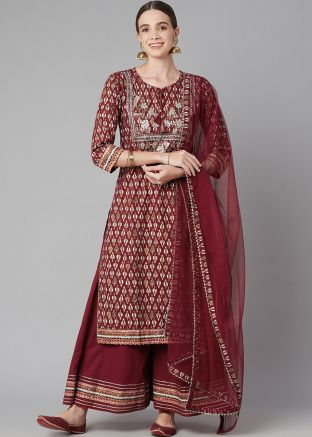 Readymade Straight Cut Maroon Palazzo Suit