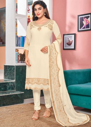 Cream Embroidered Straight Cut Salwar Suit