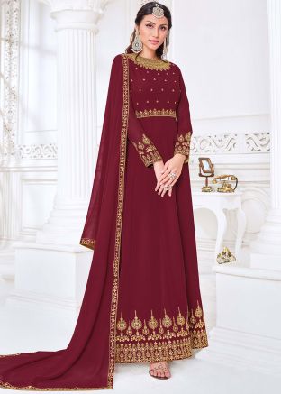 Maroon Embroidered Anarkali Suit In Georgette