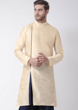 Cream Readymade Dupion Silk Angrakha Style Slit Kurta
