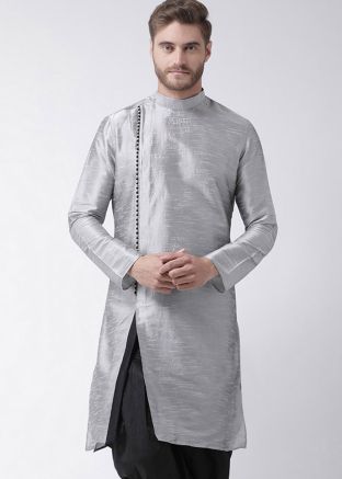 Readymade Grey Dupion Silk Angrakha Style Slit Kurta