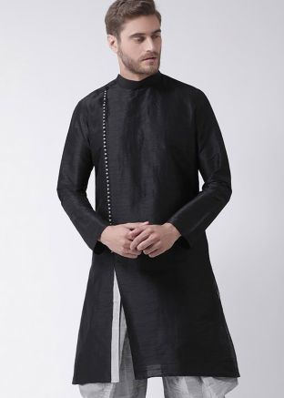 Black Readymade Dupion Silk Angrakha Style Slit Kurta
