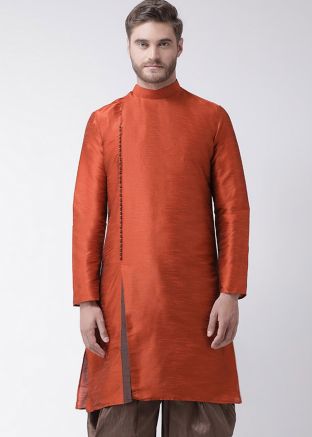 Readymade Orange Dupion Silk Angrakha Style Slit Kurta