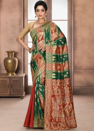 Red And Green Woven Saree In Kanjivaram Silk