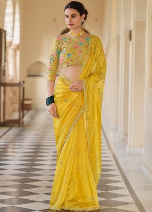 Yellow Embroidered Organza Saree With Blouse
