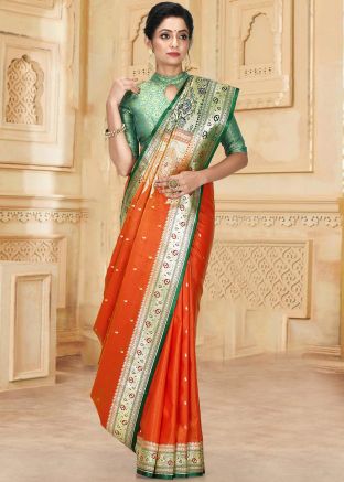 Orange Banarasi Silk Woven Saree With Blouse