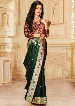 Dark Green Banarasi Silk Saree With Blouse