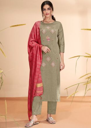 Green Readymade Embroidered Straight Cut Pant Suit
