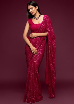 Magenta Georgette Saree With Sequins Embroidery
