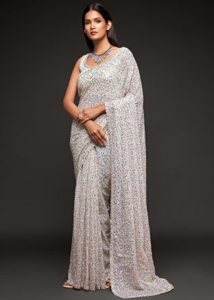 White Sequins Embroidered Heavy Saree In Georgette