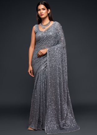 Thread & Sequins Embroidered Georgette Saree In Grey