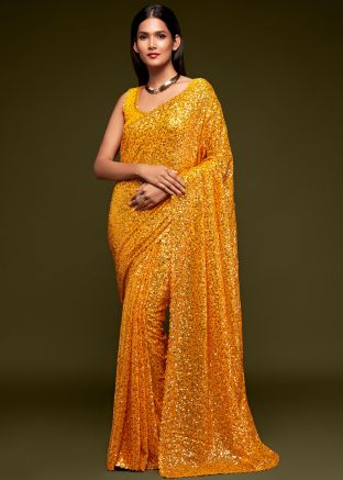 Yellow Sequined Georgette Saree For Party Wear