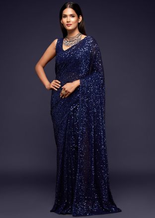 Blue Sequins & Thread Embroidered Georgette Saree