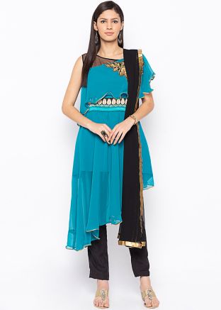Blue Asymmetric Readymade Georgette Pant Suit