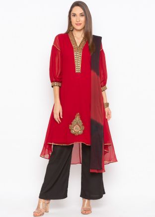 Maroon Asymmetric Readymade Palazzo Suit