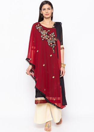 Readymade Maroon Asymmetric Embroidered Palazzo Suit