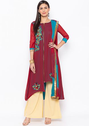 Maroon Readymade Embroidered Suit Set