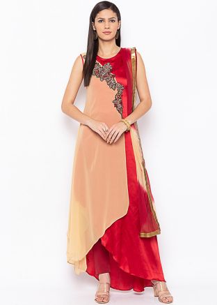 Readymade Beige & Maroon Asymmetric Pant Suit