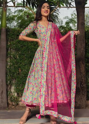 Readymade Blue Block Printed Anarkali Suit Set