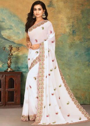 White Hand Work Saree In Georgette